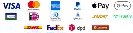 Visa, Mastercard, American Express, PayPal, Apple Pay, Google Pay, iDeal, Diners Club, girocard, Sofort, Trustly, DHL, FedEx, Dpd, Packeta, Zásilkovna